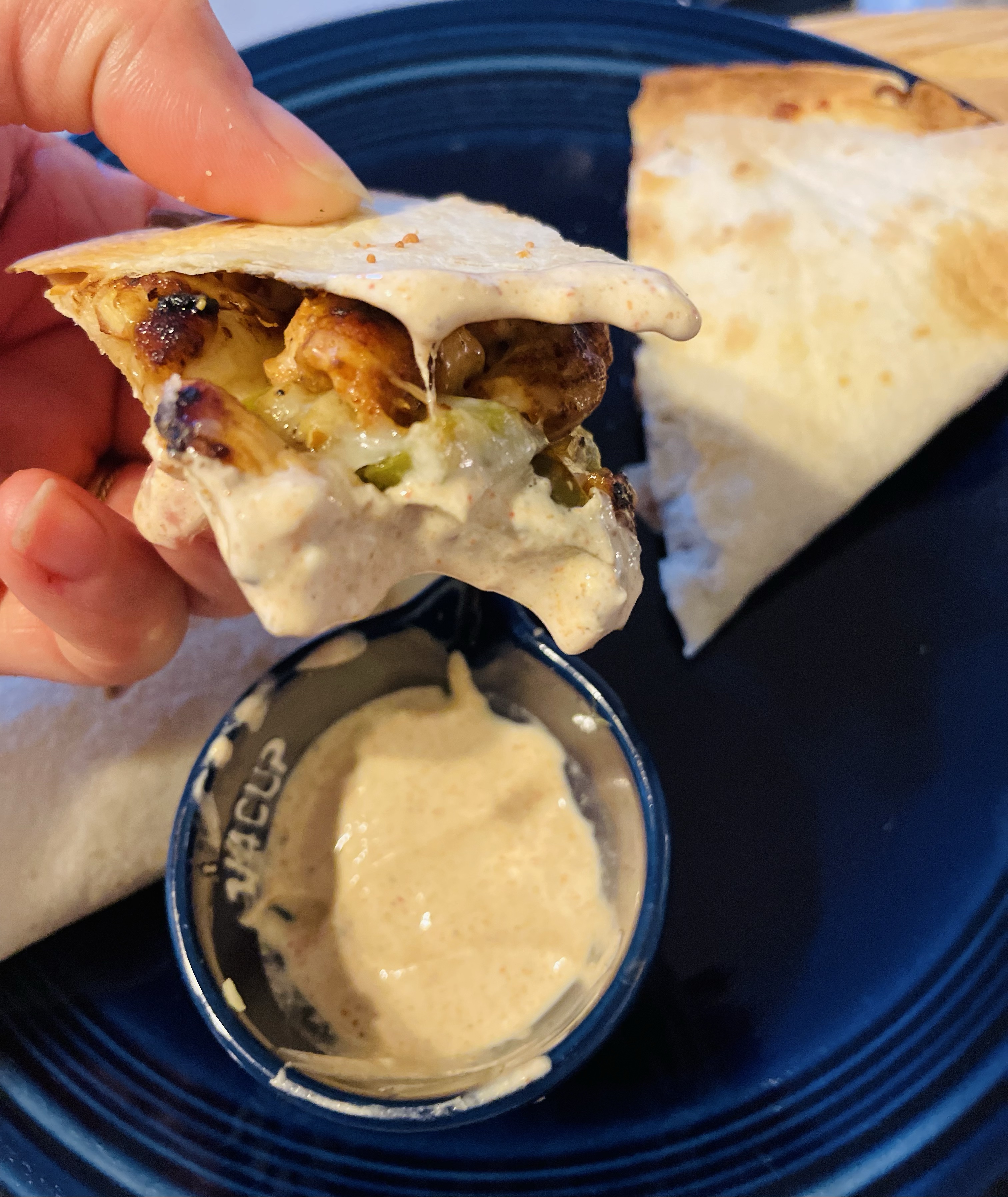 Chicken and Green Pepper Quesadillas with taco seasoned crema