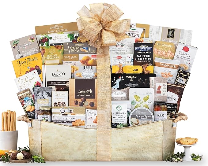 gift basket is filled with sweet and savory snacks